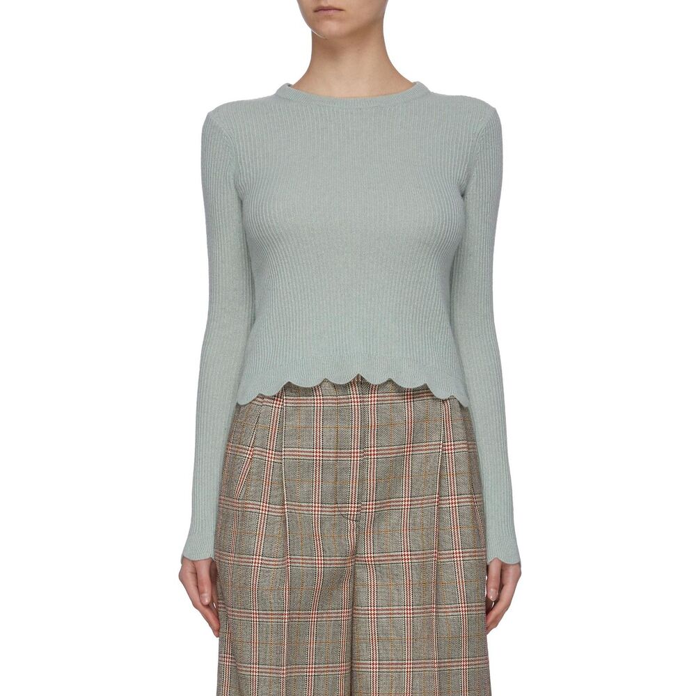 FRAME 100% Cashmere Scalloped Crew Neck Sweater Green Small